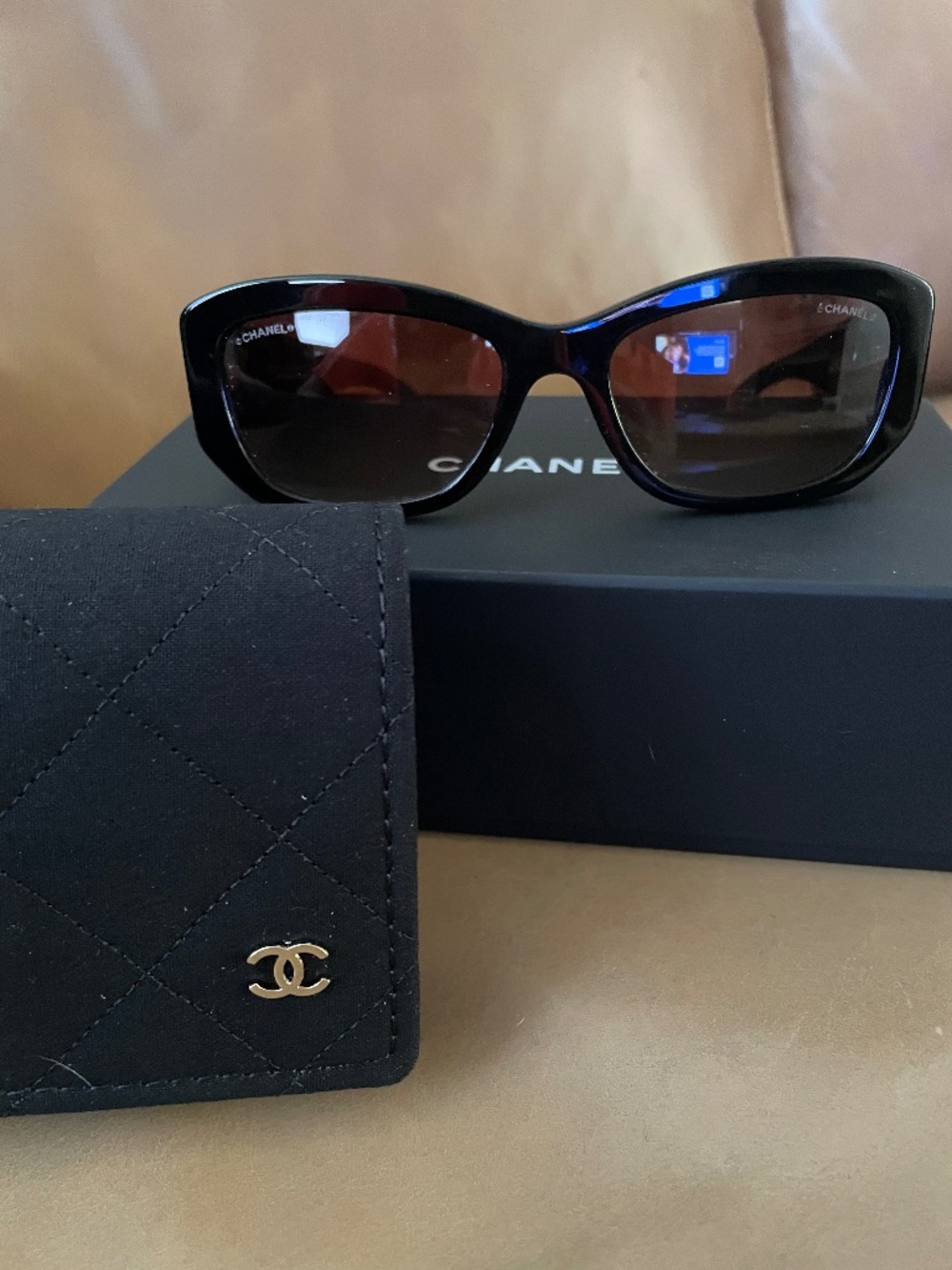 Womens Genuine Chanel Rectangle Black Sunglasses